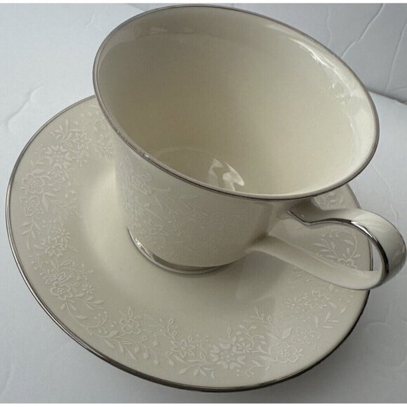 Noritake Affection Ivory 7192 Tea Cup & Saucer White on Cream Silver Trim - Picture 2 of 6